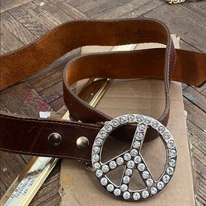 Leatherock Brown Belt with Silver Peace Buckle long marked